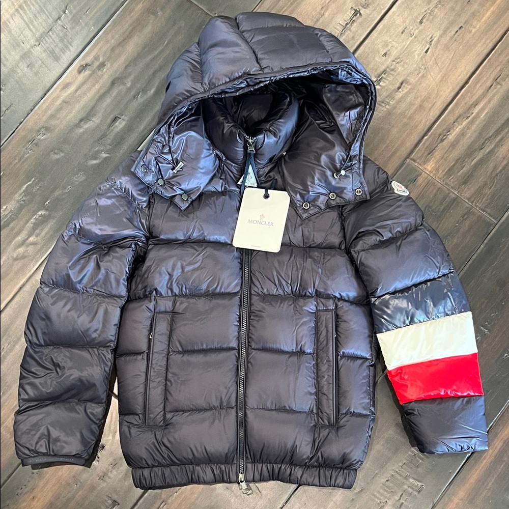 Moncler Navy Puffer Jacket with Red and White Accents